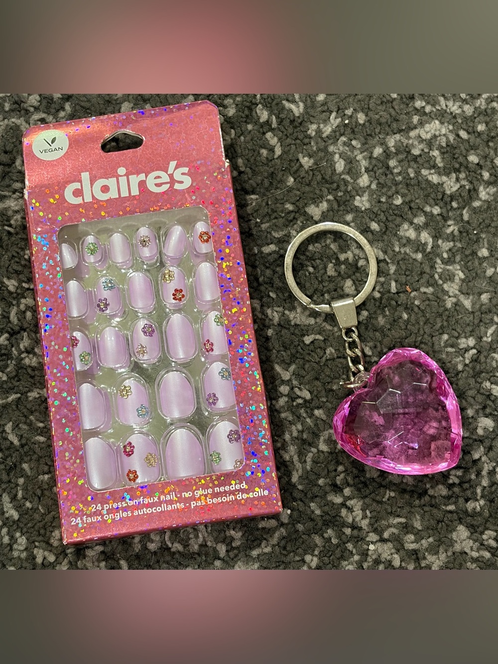 Claire’s Lavender Press on Faux Nails & Keychain